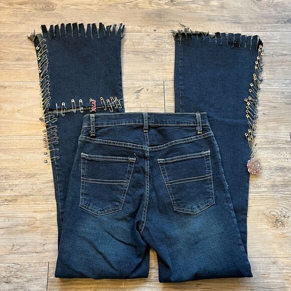 Y2K Unique Jeans Bebe Medium Patchwork Safety Pin Charm 2000s 1 of 1 Handmade - Picture 2 of 12